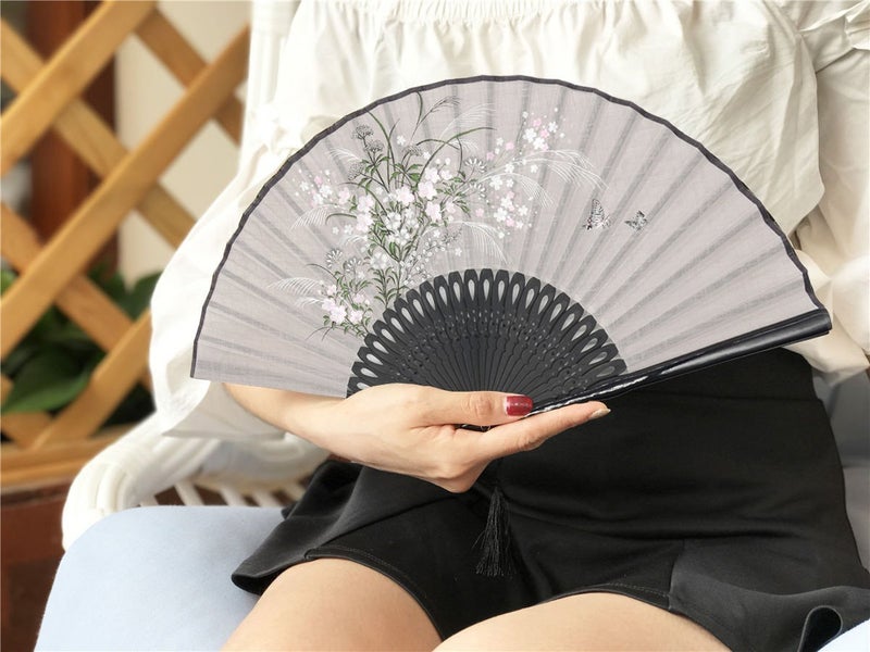 OMyTeaÂ® "Grassflowers 8.27"(21cm) Hand Held Folding Fans - With a Fabric Sleeve for Protection for Gifts - Chinese/Japanese Vintage Retro Style (Gray) - Image 5